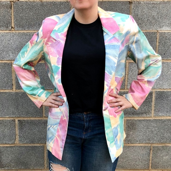 Vintage 80s Pastel Abstract Brush Strokes Blazer 8 - Picture 2 of 8